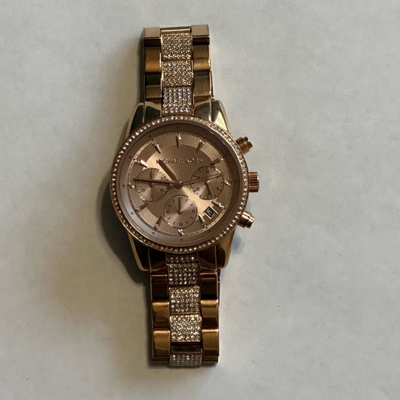 Michael Kors Ritz Pave Rose Gold-Tone Chronograph Watch - Picture 12 of 14